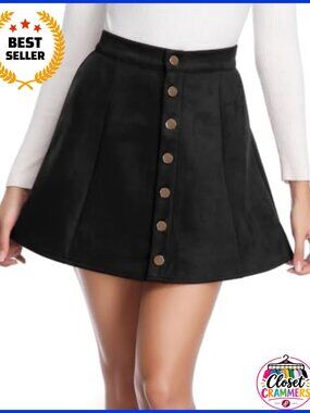 Faux Suede Mini Skirt Button Front High Waist A-Line Flare